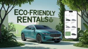A turquoise electric car with “Eco Rentals Club” branding is parked amid lush greenery. Foliage letters spell out “Eco-Friendly Rentals.” A smartphone displays a Rent a Car Online app interface, featuring several eco-friendly vehicle options.