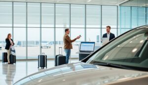 A man hands car keys to an employee at a rental counter inside a bright airport terminal, using Rent a car online service. A woman with luggage stands nearby. Large windows reveal airplanes outside. A laptop and a car are visible in the foreground.