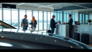 Four professionally dressed people stand in a bright airport lounge with floor-to-ceiling windows. Two converse near the window with luggage, while two speak at a counter with laptops and suitcases—perfect for seamless Car Rental and Airport Pickup services.