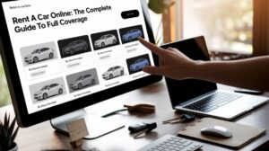 A person points at a computer monitor displaying "Rent a Car Online: The Complete Guide To Full Coverage," featuring various cars with details below. A laptop, notebook, and glasses rest on the wooden desk beside the monitor.