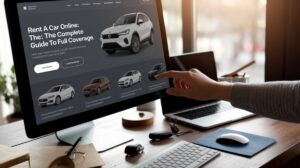 A person points at a desktop computer screen displaying a rent a car online website with multiple car options. The desk holds a keyboard, mouse, eyeglasses, cup, and smartphone, with soft daylight streaming through the window behind.