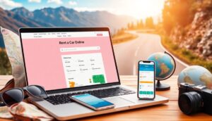 A laptop and smartphone display online car rental websites on a wooden table outdoors, with sunglasses, a camera, and two small globes nearby; a scenic, curving road and mountains in the background suggest planning an adventurous road trip.