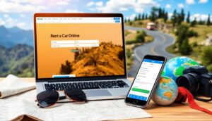 A laptop displays an online car rental website, and a smartphone shows a booking app. Nearby are a map, sunglasses, globe, and camera—perfect essentials for your next road trip. A scenic mountain road and trees blur in the background.