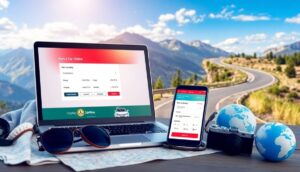 A laptop and smartphone display an online car rental website, set on a table with travel items like a map, sunglasses, a camera, globe, and hat. In the background, a winding road suggests adventure for your next road trip through scenic mountains.