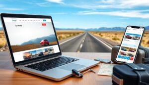 A laptop and smartphone display a rent a car online website and app on a wooden table beside travel items, with an empty road winding through a desert toward mountains, evoking travel planning for an epic cross-country journey and adventure.