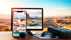 A smartphone and computer display online car rental websites on a wooden table, with sunglasses and a camera beside them. The background showcases a scenic desert landscape, perfect for a cross-country journey under the sunset sky.