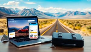 A laptop and smartphone display car rental apps on a desk with car keys, a closed black briefcase, and cash—perfect tools to rent a car online before embarking on a cross-country journey along an empty highway toward scenic mountains and desert.