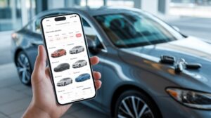 A person holds a smartphone displaying car rental apps with various cars for rent. In the background, a parked gray luxury car and keys hint at a dealership or showroom setting filled with bright natural light.