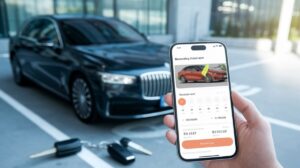 A person holds a smartphone with a car rental app showing details and prices for a red SUV. In the background, a black luxury sedan is parked in a lot and two car keys rest nearby, highlighting the ease of online booking through Car Rental Apps.